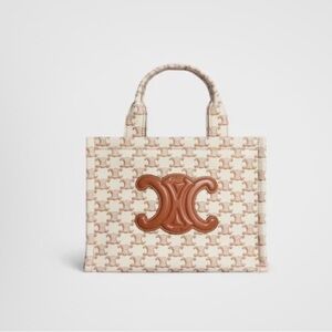 CELINE beige & brown Triomphe canvas SMALL CABAS THAIS SHOPPING Tote Bag